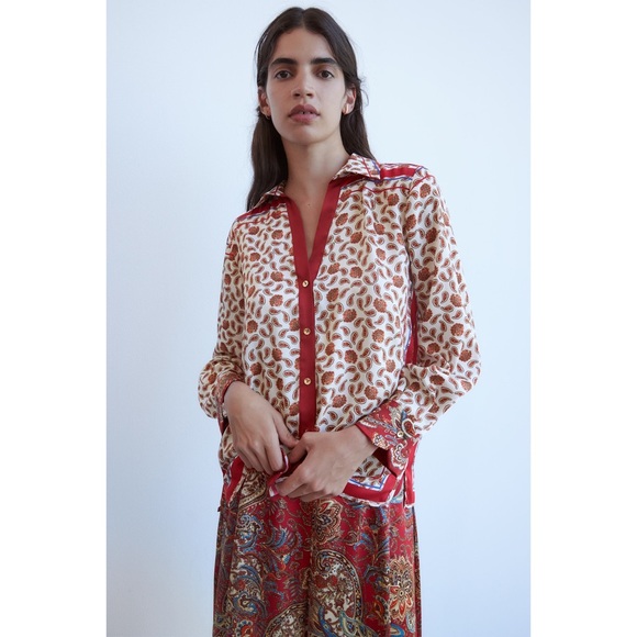 Zara Bold Print Satin Button Up Top XS Preowned - Picture 6 of 16